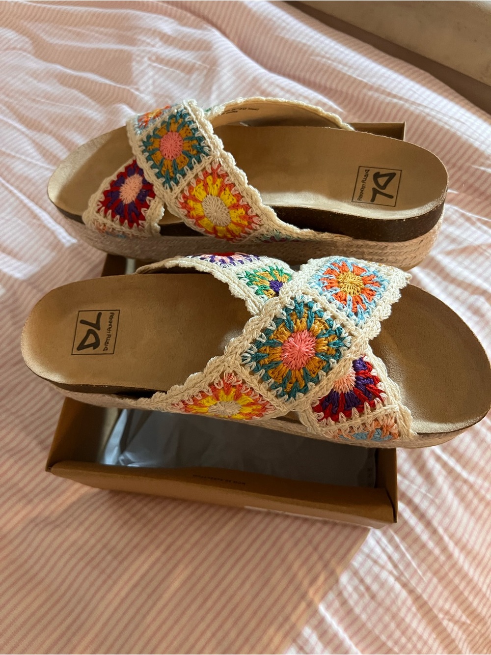 DV by Dolce Vita Crochet Platform Slide Sandals in Cream with Multicolor Accents